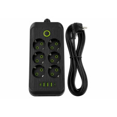 Мережевий подовжувач із 6 розетками та USB-A/USB-C портами 3 м 2500 Вт Чорний