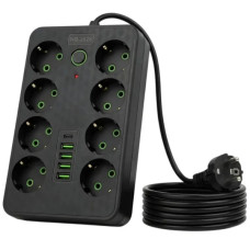 Мережевий фільтр-подовжувач на 8 розеток із заземленням, 4 USB та Type-C, 3 м, 2500 Вт